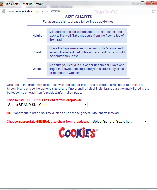 Cookies Kids size chart